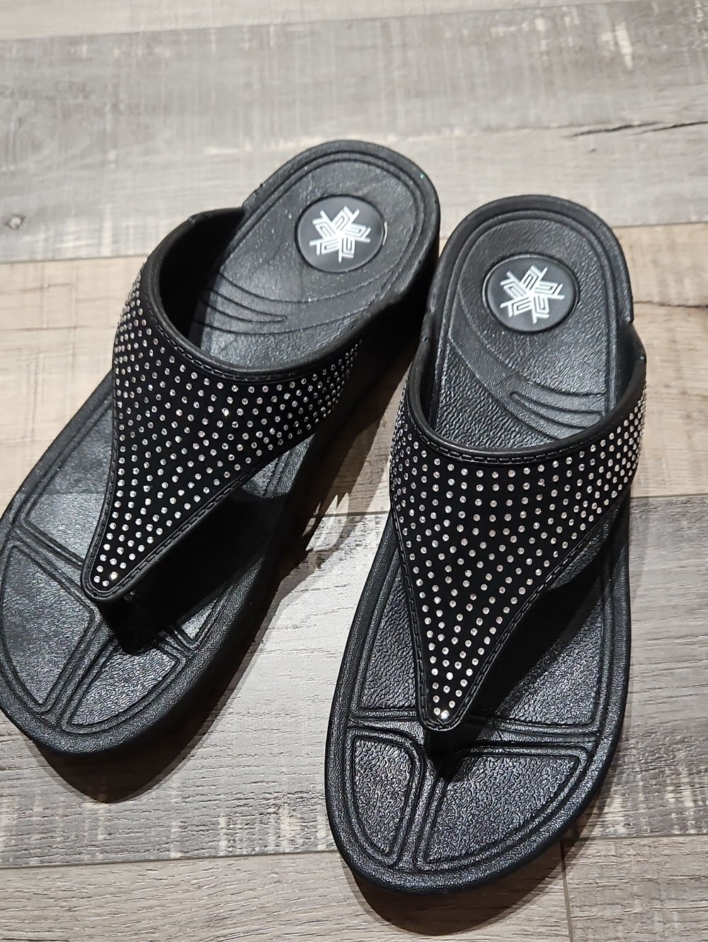 Black Rhinestone Thong Sandals with Logo Medallion
